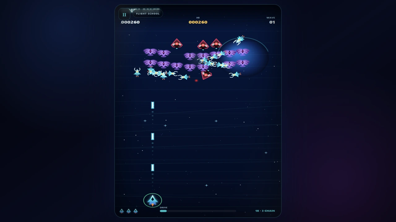 VOIDLANCE gameplay: a spacecraft facing a formation of colorful enemies